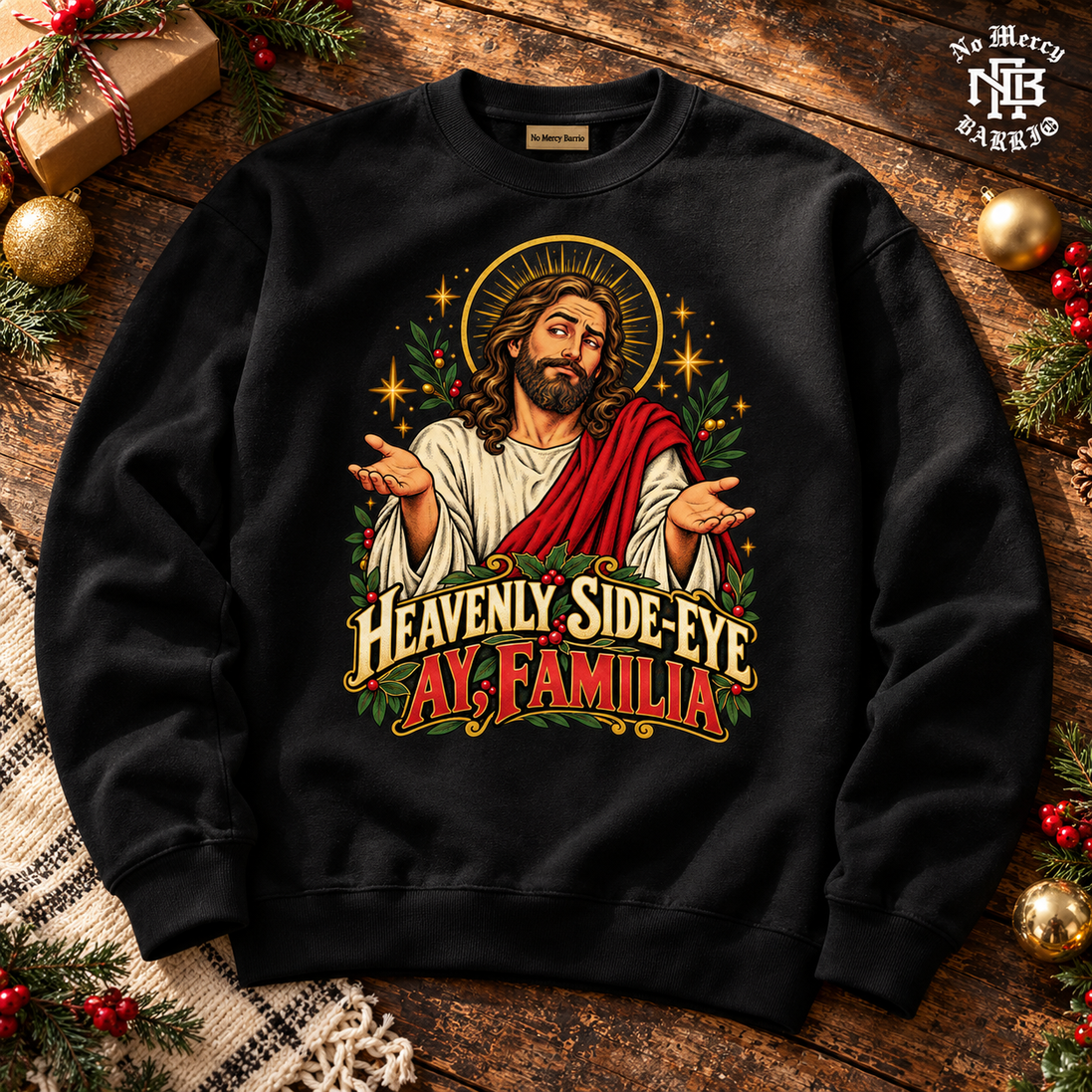 Heavenly Side Eye Navidad Sweater Black — Flatlay creative