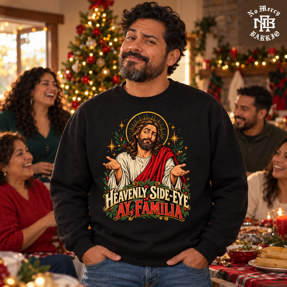 Heavenly Side Eye Navidad Sweater Black — Lifestyle creative
