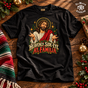 Heavenly Side Eye Navidad T Shirt Black — Flatlay creative