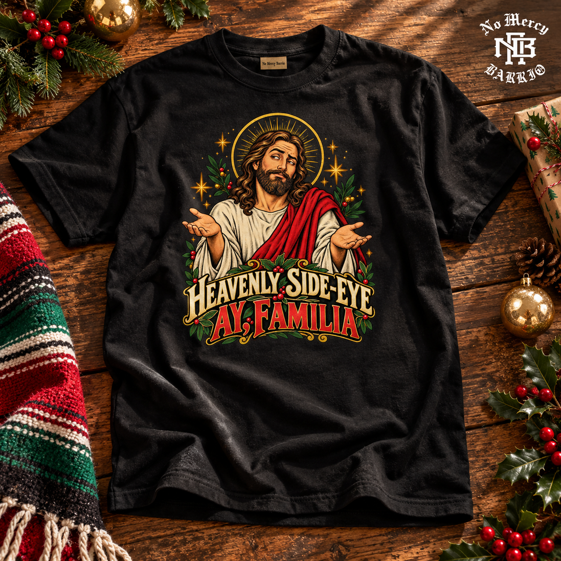 Heavenly Side Eye Navidad T Shirt Black — Flatlay creative