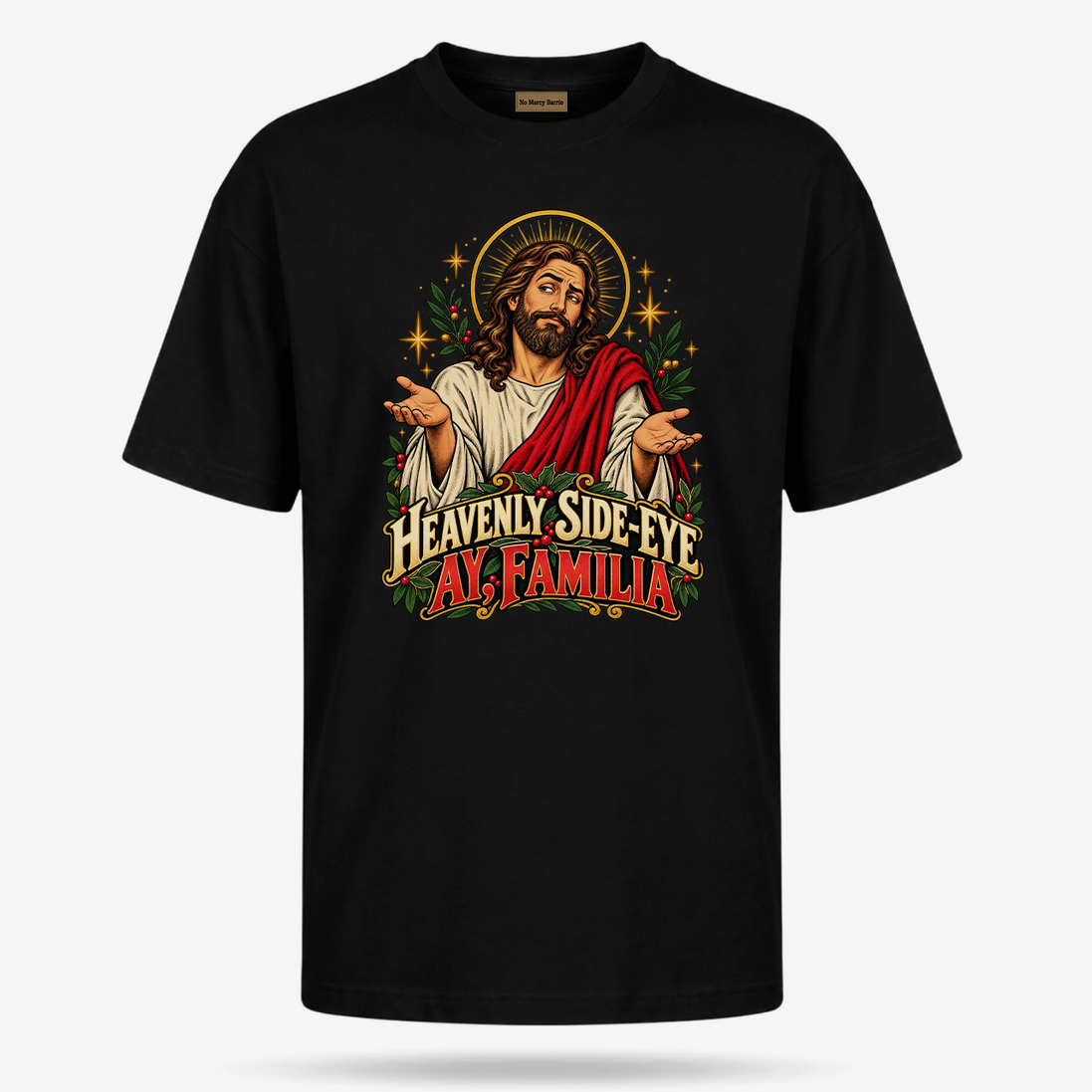 Heavenly Side Eye Navidad T Shirt Black — product mockup