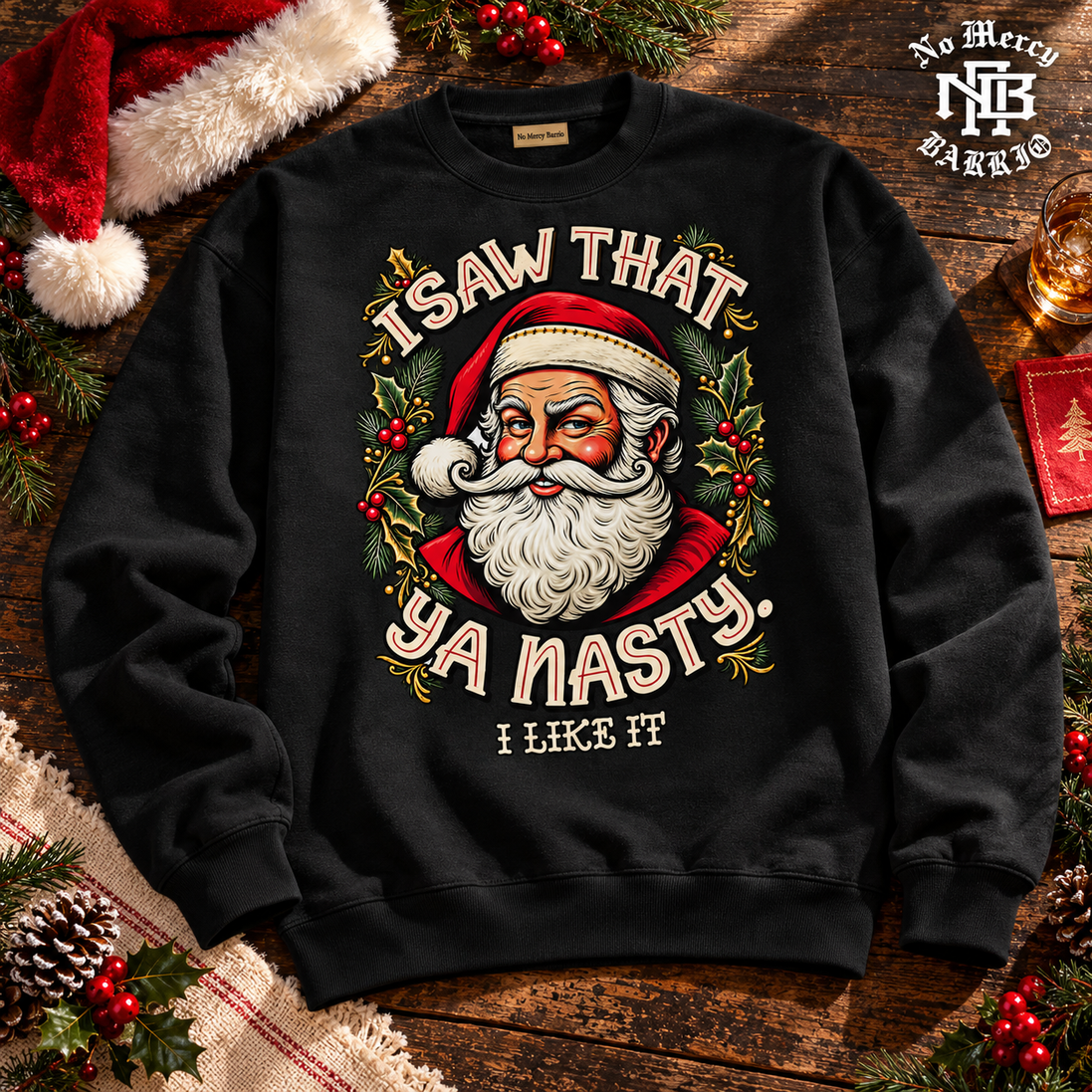 I Saw That Ya Nasty Holly Portrait Sweater Black — Flatlay creative