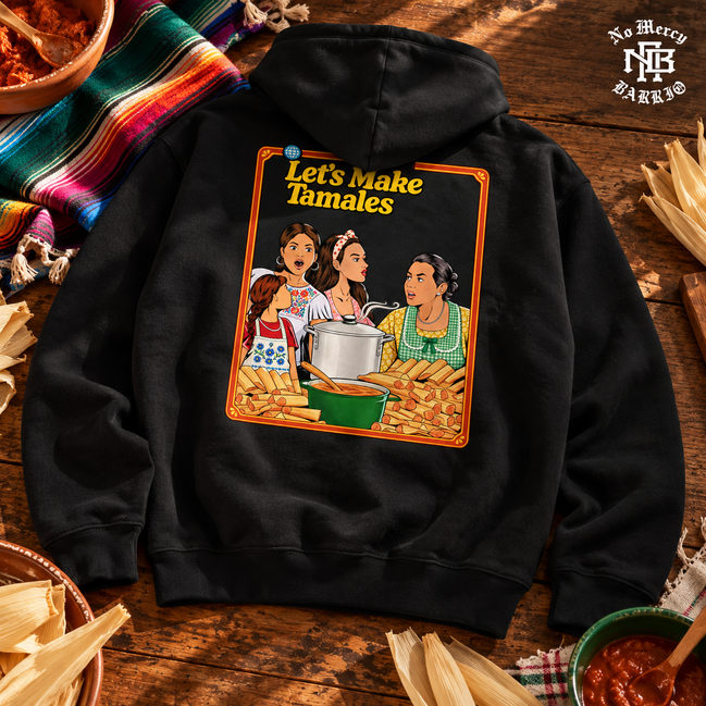 Lets Make Tamales Cocina Edition Hoodie Black — Flatlay creative