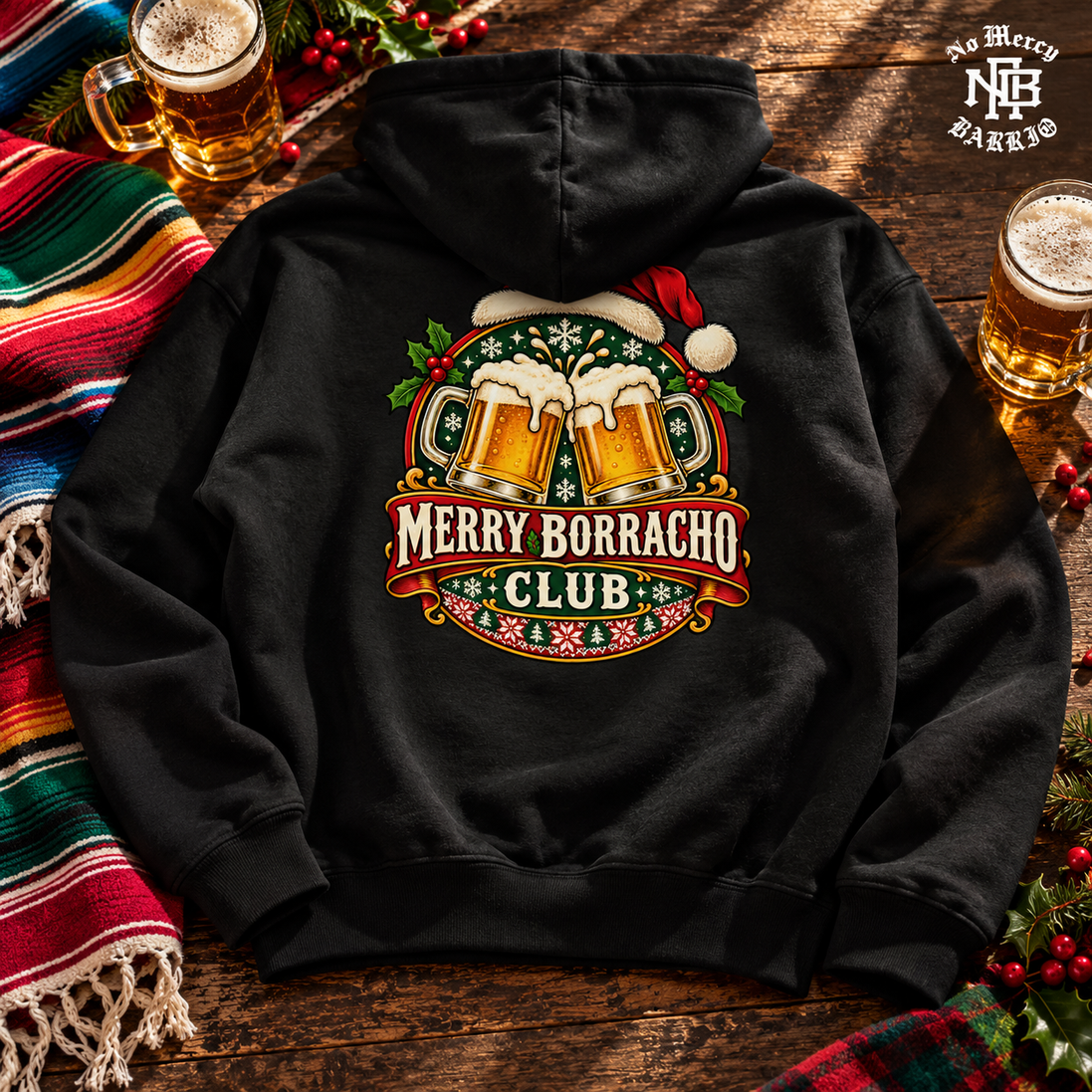 Merry Borracho Club Hoodie Black — Flatlay creative