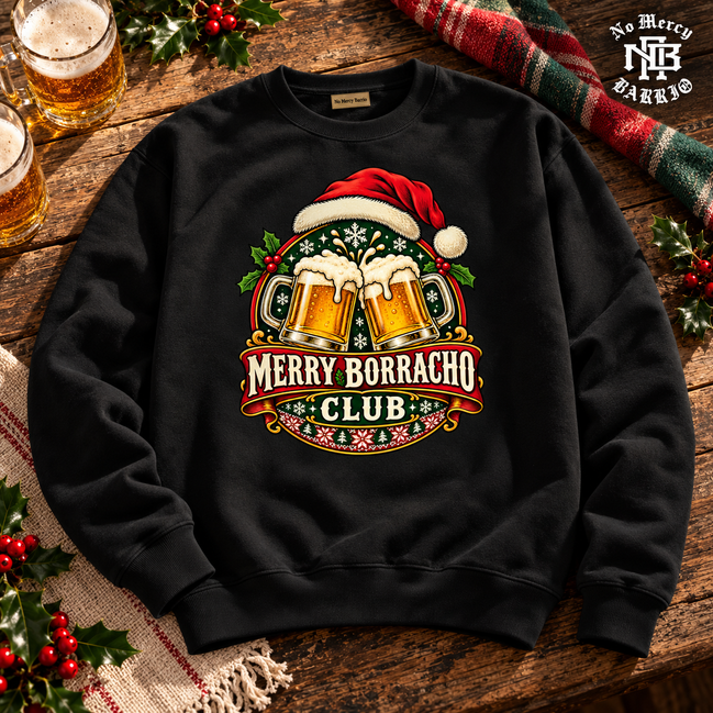 Merry Borracho Club Sweater Black — Flatlay creative