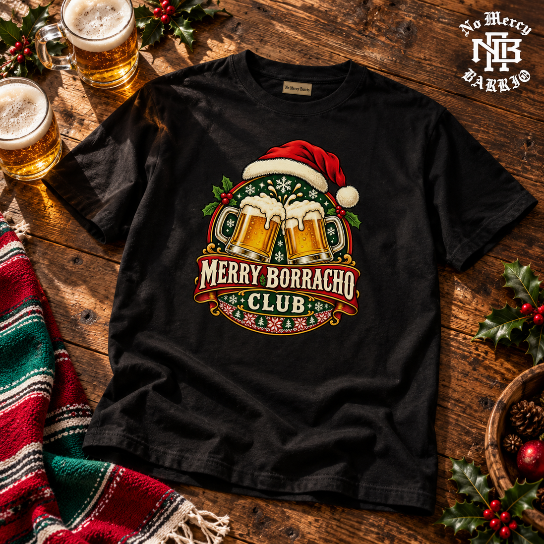 Merry Borracho Club T Shirt Black — Flatlay creative