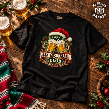 Merry Borracho Club T Shirt Black — Flatlay creative