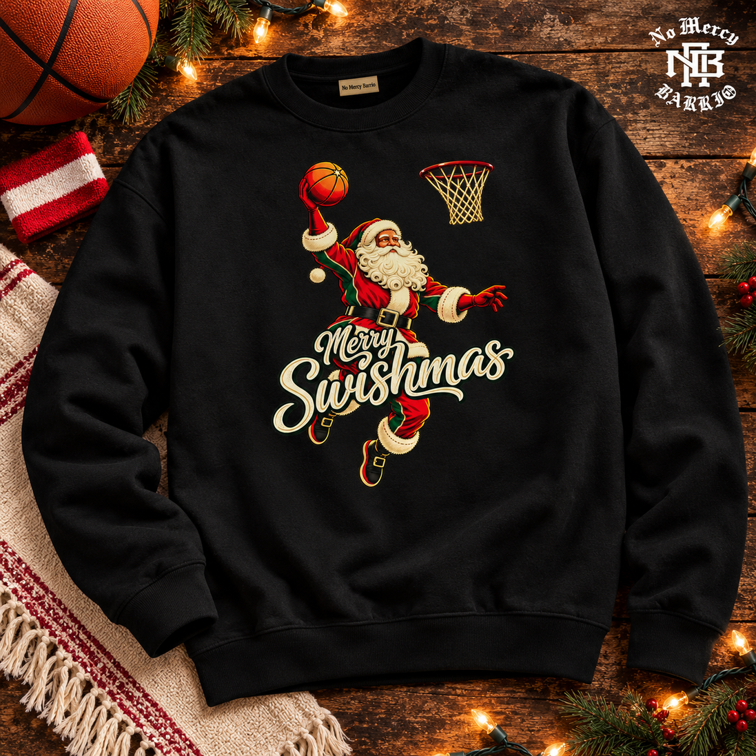 Merry Swishmas Varsity Vintage Sweater Black — Flatlay creative