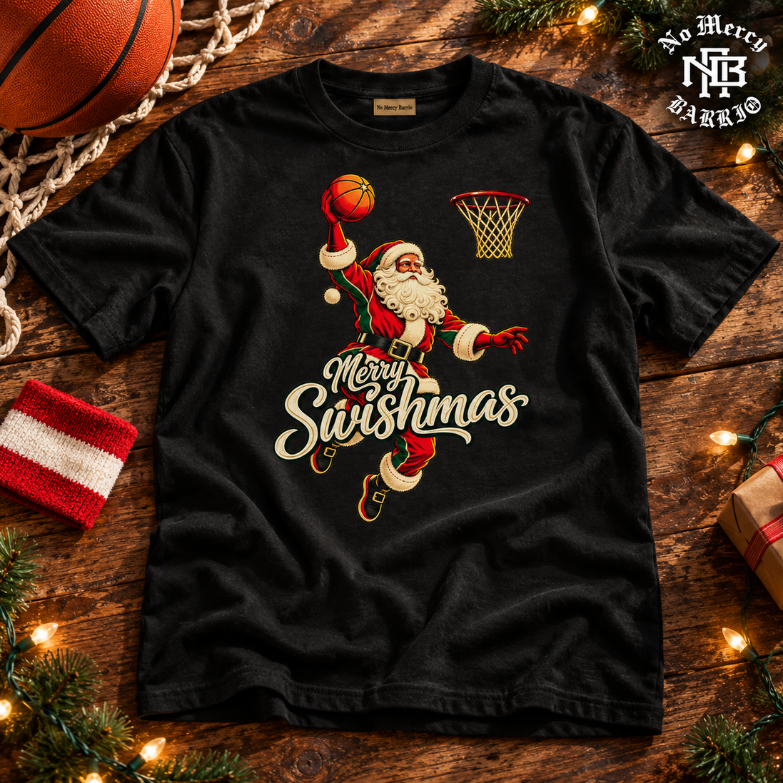 Merry Swishmas Varsity Vintage T Shirt Black — Flatlay creative