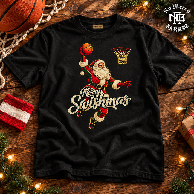 Merry Swishmas Varsity Vintage T Shirt Black — Flatlay creative