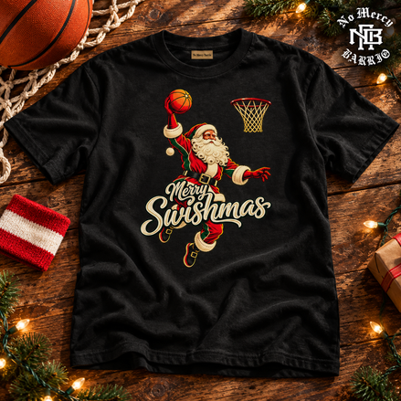Merry Swishmas Varsity Vintage T Shirt Black — Flatlay creative