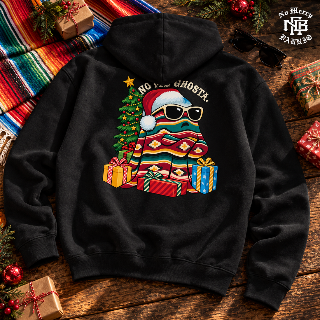 No Me Ghosta Serape Mood Hoodie Black — Flatlay creative