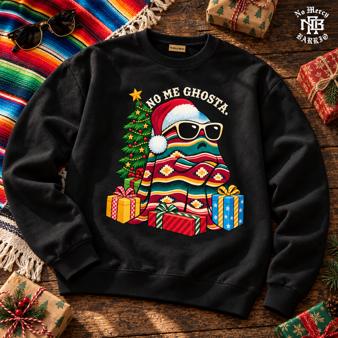 No Me Ghosta Serape Mood Sweater Black — Flatlay creative