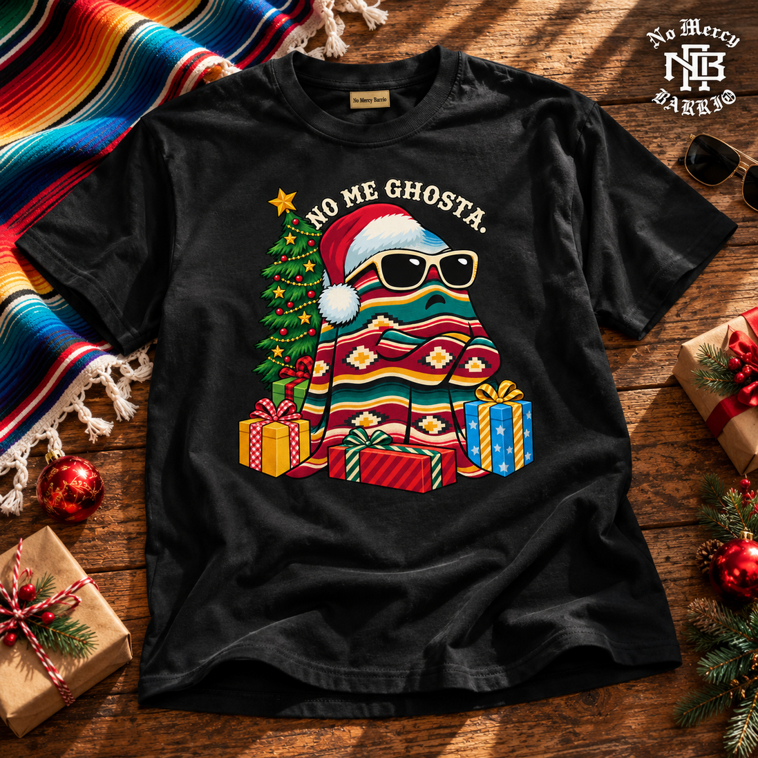 No Me Ghosta Serape Mood T Shirt Black — Flatlay creative