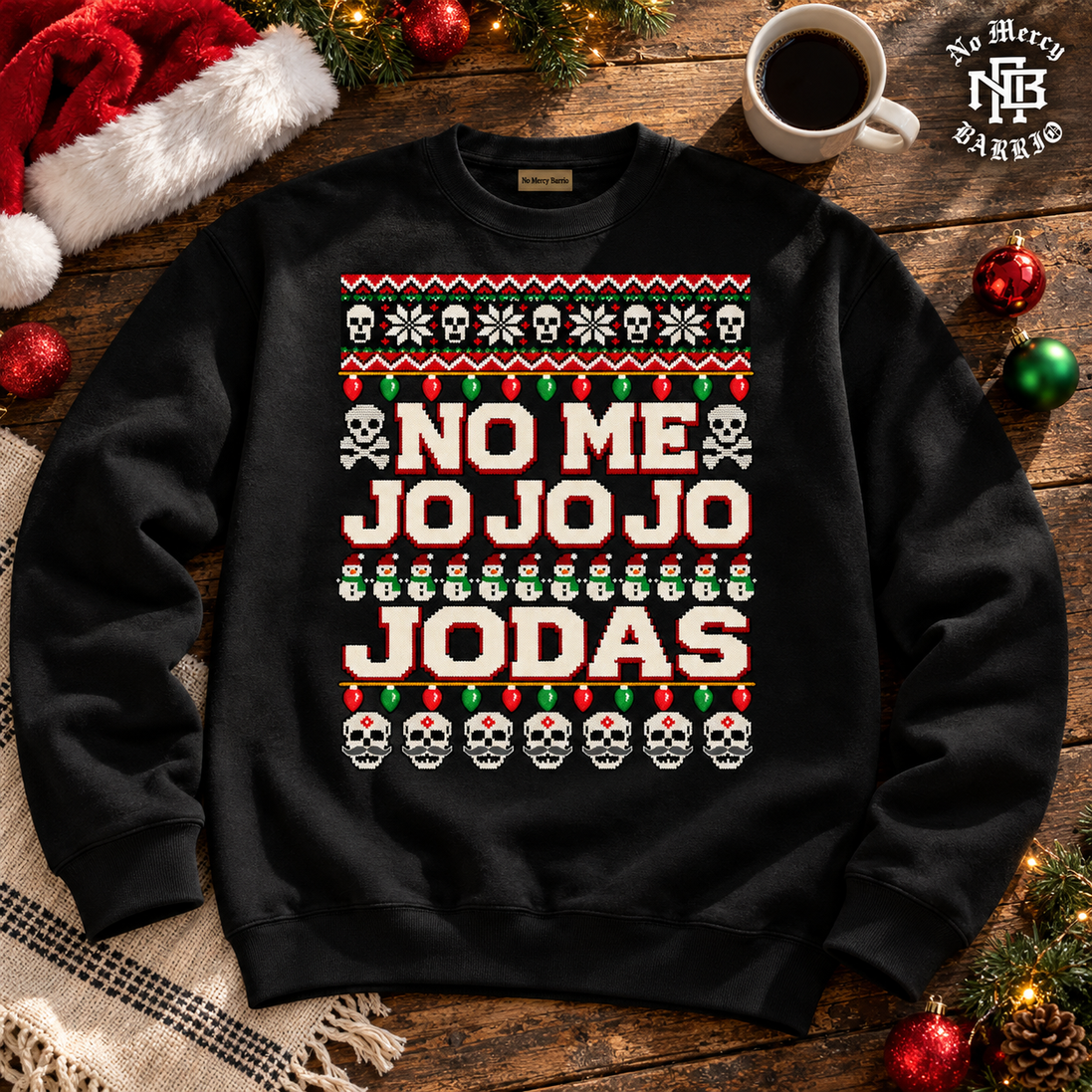 No Me Jo Jo Jo Jodas Frosty Stitch Sweater Black — Flatlay creative