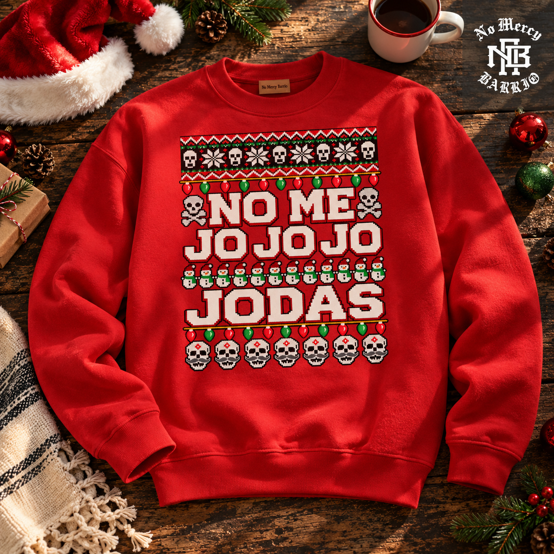 No Me Jo Jo Jo Jodas Frosty Stitch Sweater Red — Flatlay creative