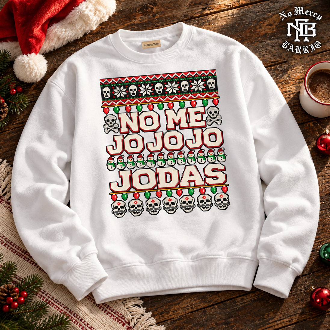 No Me Jo Jo Jo Jodas Frosty Stitch Sweater White — Flatlay creative