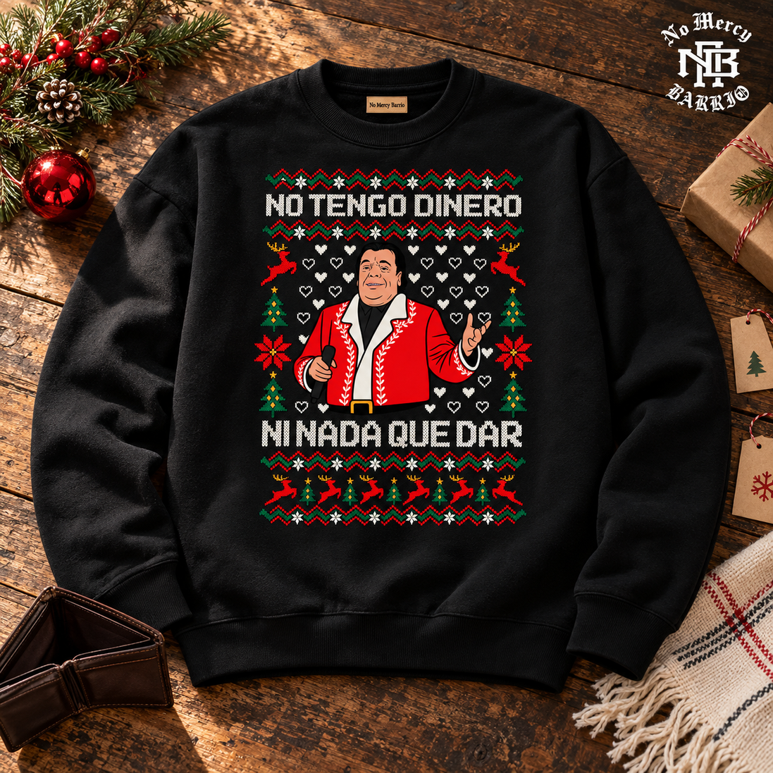 No Tengo Dinero Festive Bordado Sweater Black — Flatlay creative