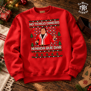 No Tengo Dinero Festive Bordado Sweater Red — Flatlay creative