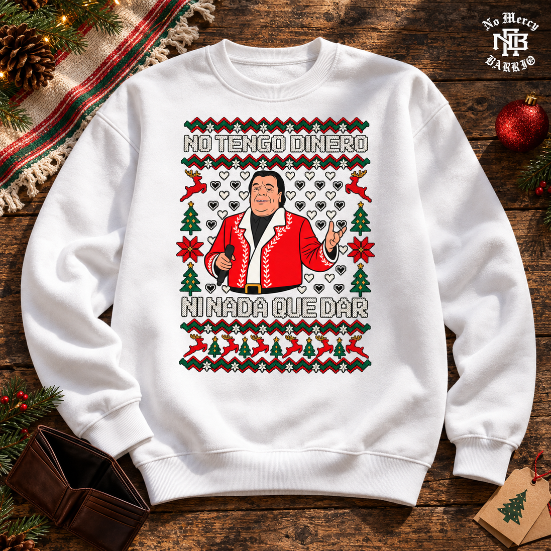 No Tengo Dinero Festive Bordado Sweater White — Flatlay creative