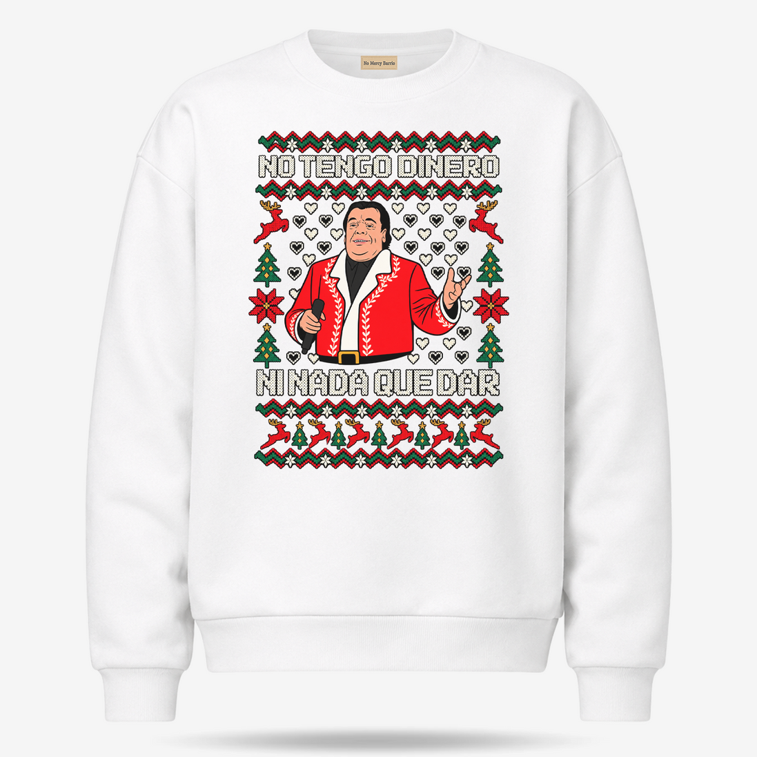 No Tengo Dinero Festive Bordado Sweater White — product mockup