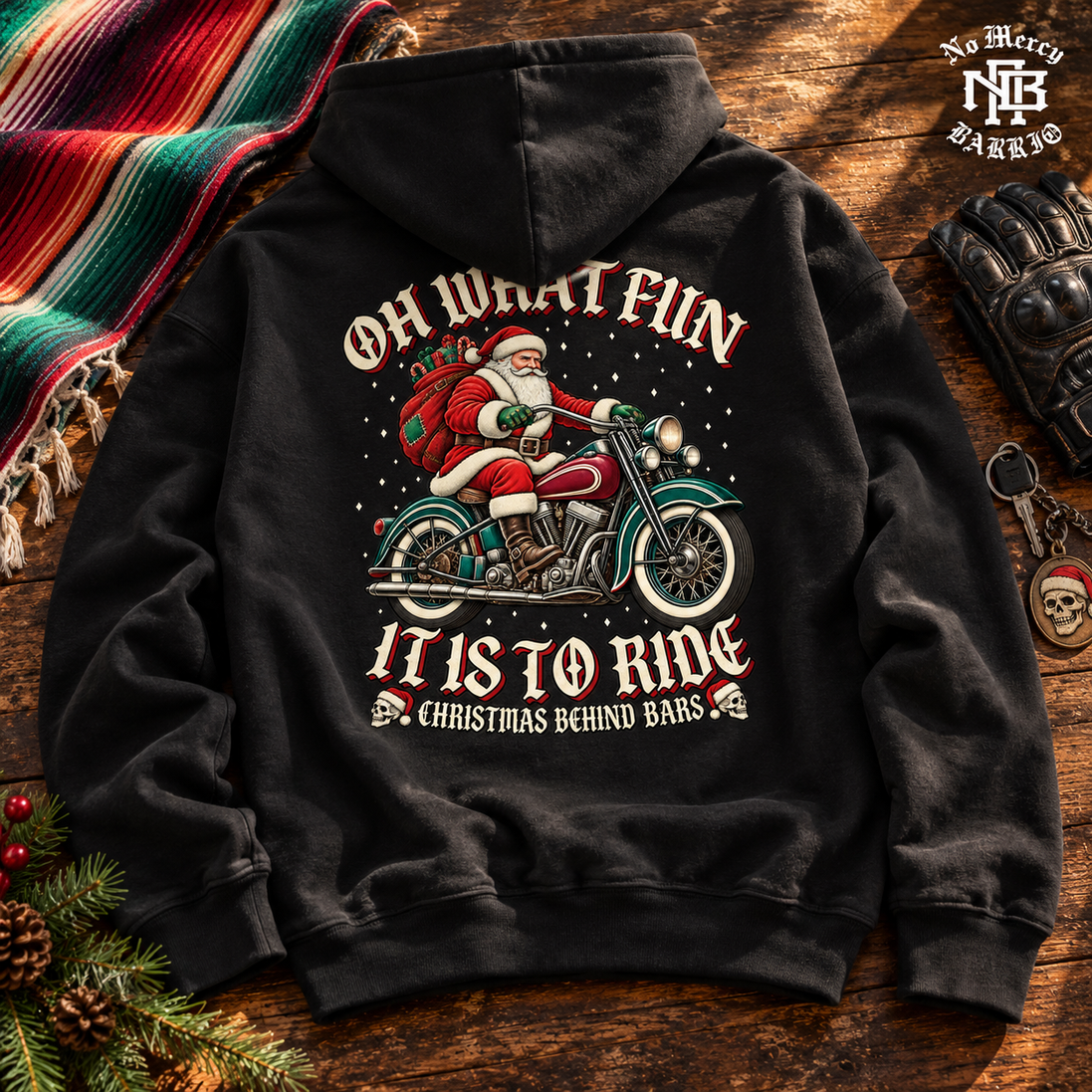 Oh What Fun Santa Heritage Ride Hoodie Black — Flatlay creative