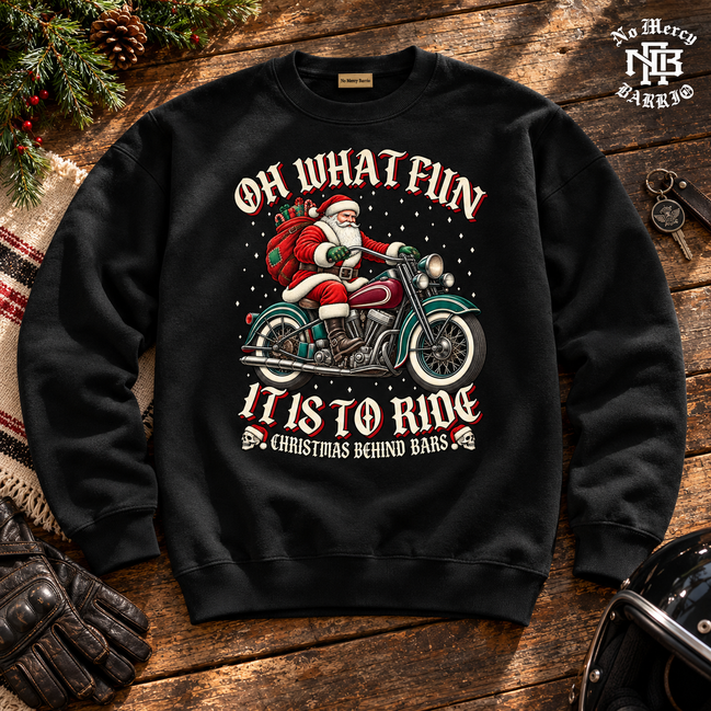 Oh What Fun Santa Heritage Ride Sweater Black — Flatlay creative