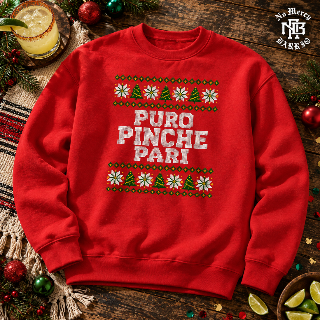 Puro Pinche Pari Fiesta Fair Isle Sweater Red — Flatlay creative