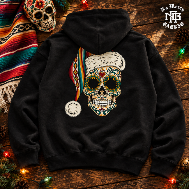 Santa Calavera Flor de Serape Hoodie Black — Flatlay creative
