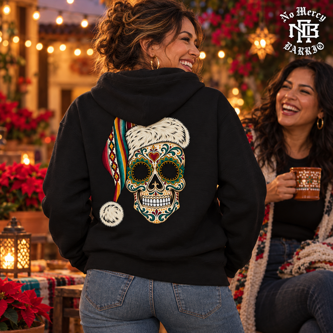 Santa Calavera Flor de Serape Hoodie Black — Lifestyle creative