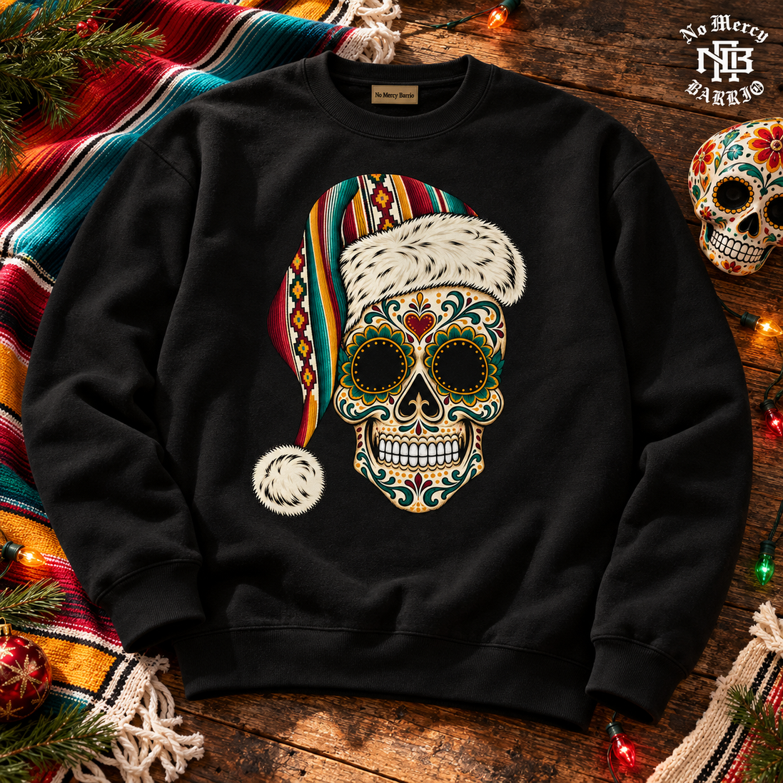 Santa Calavera Flor de Serape Sweater Black — Flatlay creative