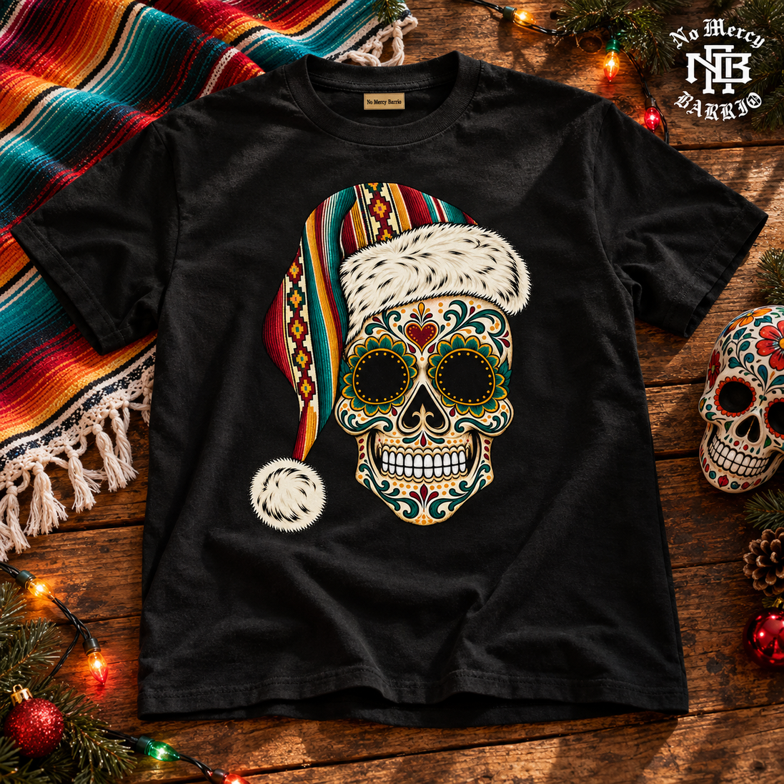 Santa Calavera Flor de Serape T Shirt Black — Flatlay creative