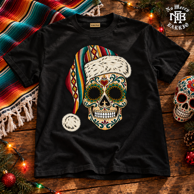 Santa Calavera Flor de Serape T Shirt Black — Flatlay creative