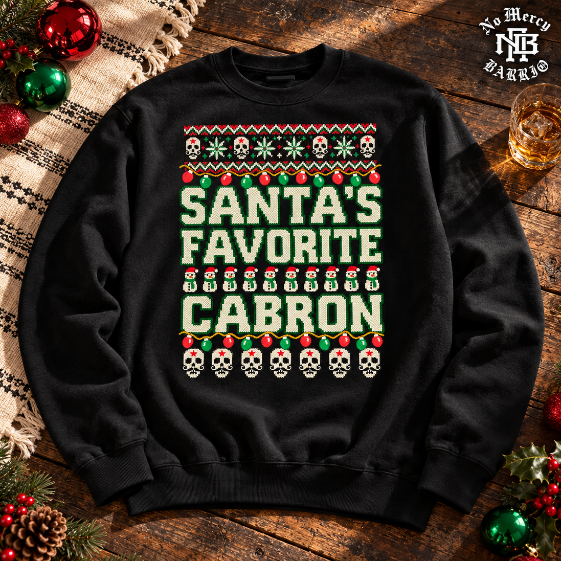 Santas Favorite Cabron Fiesta Knit Sweater Black — Flatlay creative