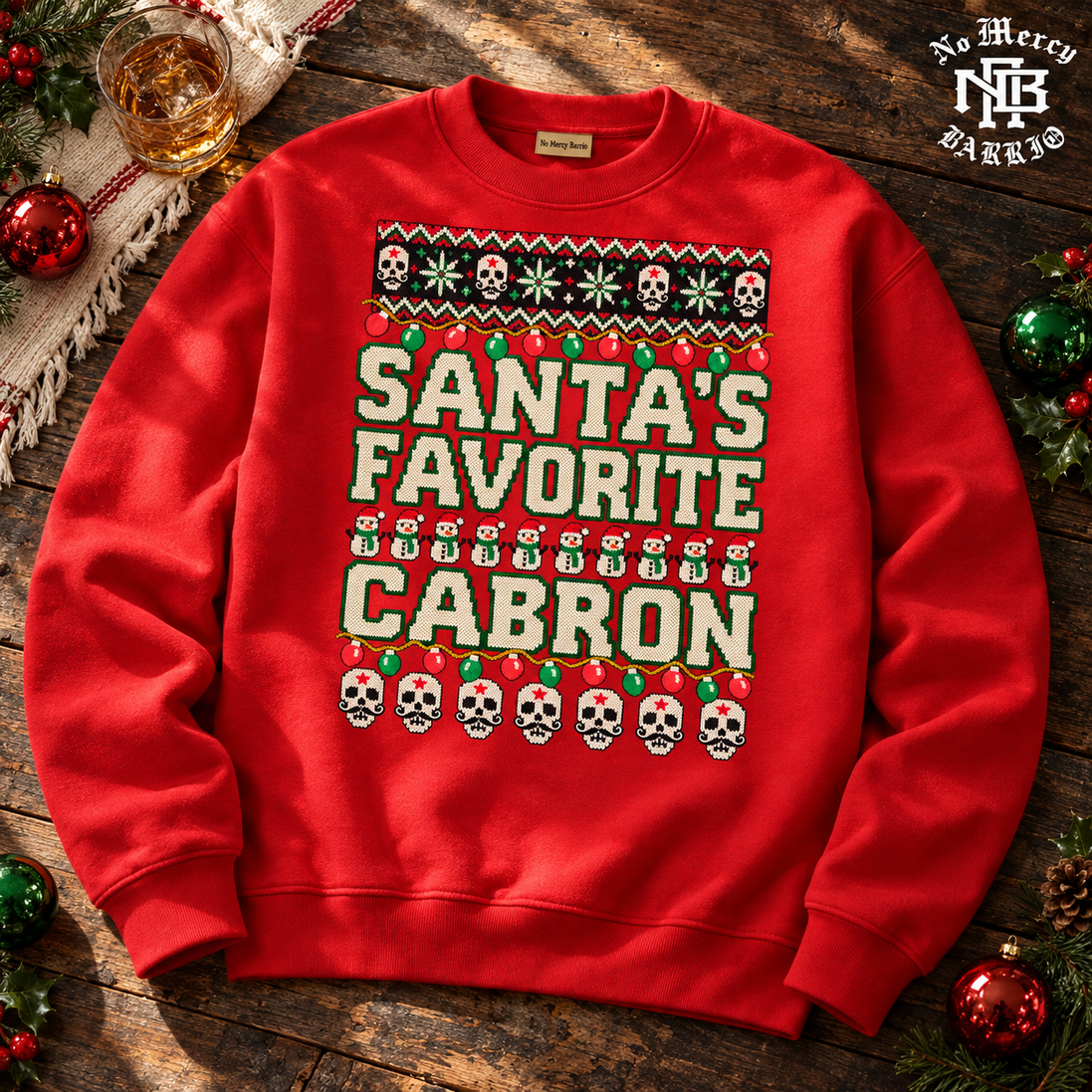 Santas Favorite Cabron Fiesta Knit Sweater Red — Flatlay creative
