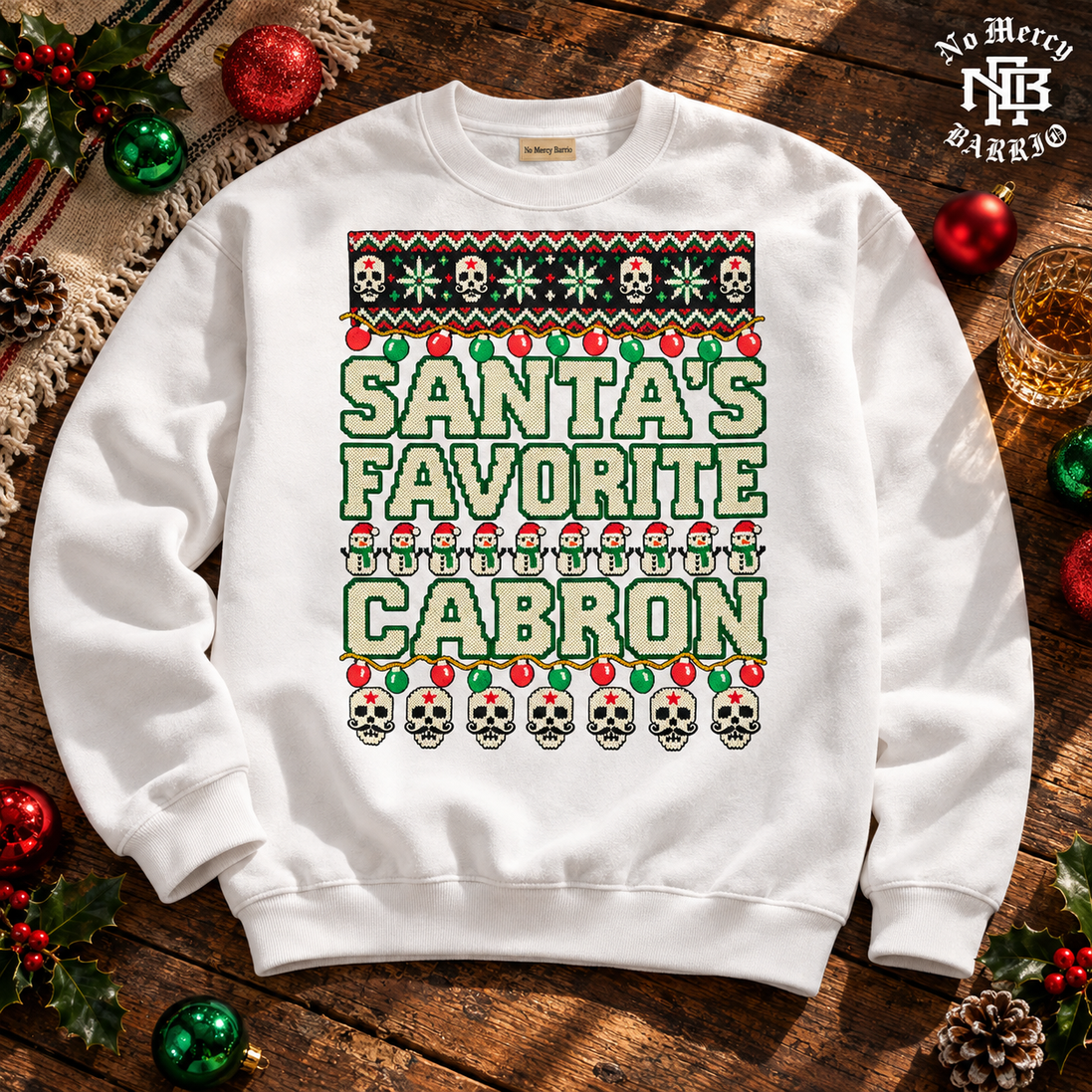 Santas Favorite Cabron Fiesta Knit Sweater White — Flatlay creative