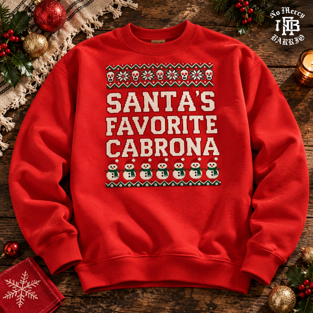 Santas Favorite Cabrona Fiesta Knit Sweater Red — Flatlay creative