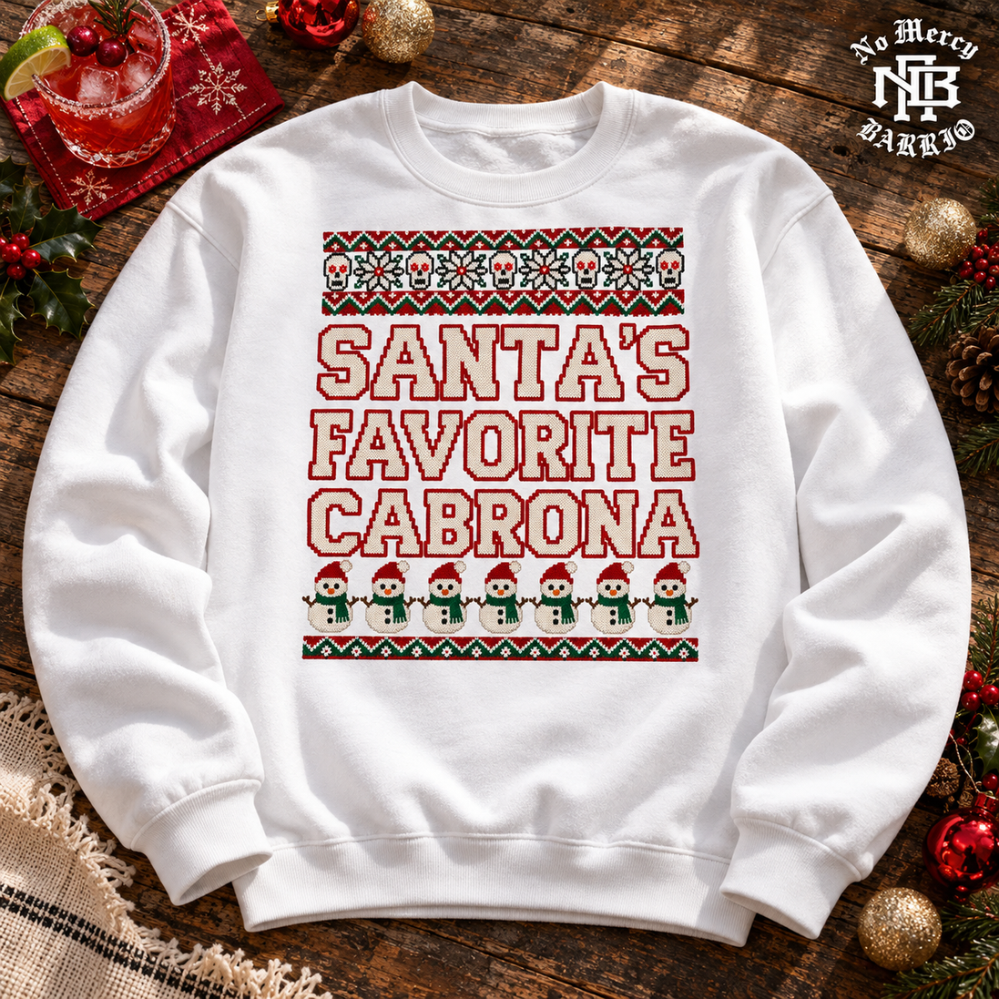 Santas Favorite Cabrona Fiesta Knit Sweater White — Flatlay creative