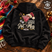 Santas Favorite Hot Mess Ruby Sparkle Hoodie Black — Flatlay creative