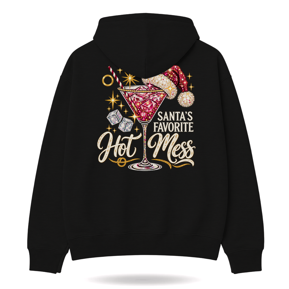 Santas Favorite Hot Mess Ruby Sparkle Hoodie Black — product mockup