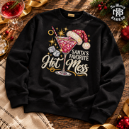 Santas Favorite Hot Mess Ruby Sparkle Sweater Black — Flatlay creative
