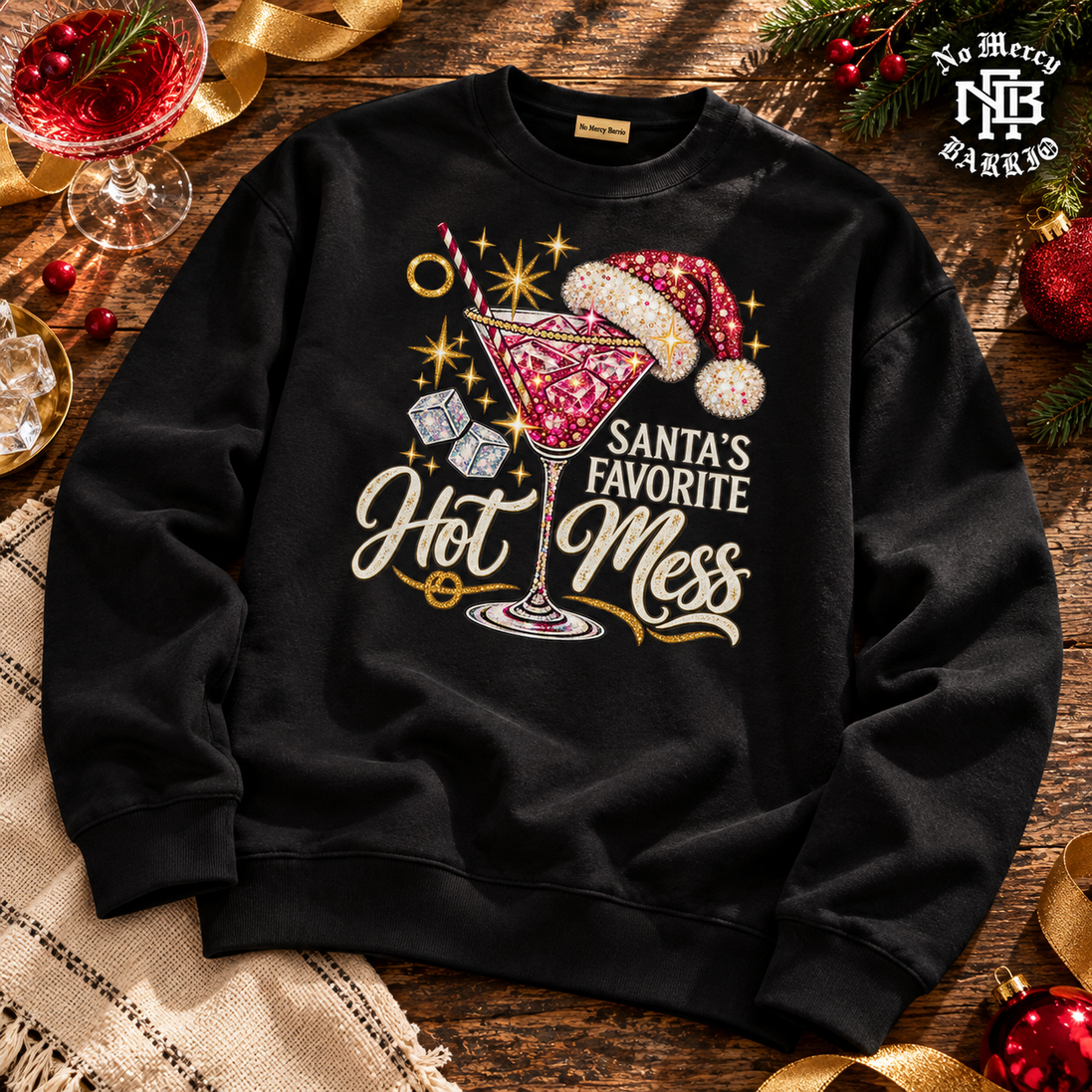 Santas Favorite Hot Mess Ruby Sparkle Sweater Black — Flatlay creative