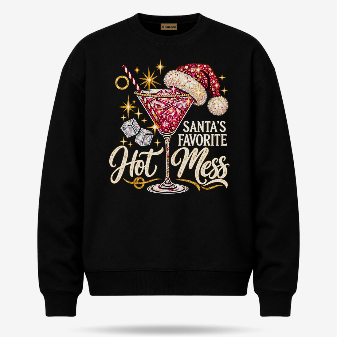 Santas Favorite Hot Mess Ruby Sparkle Sweater Black — product mockup
