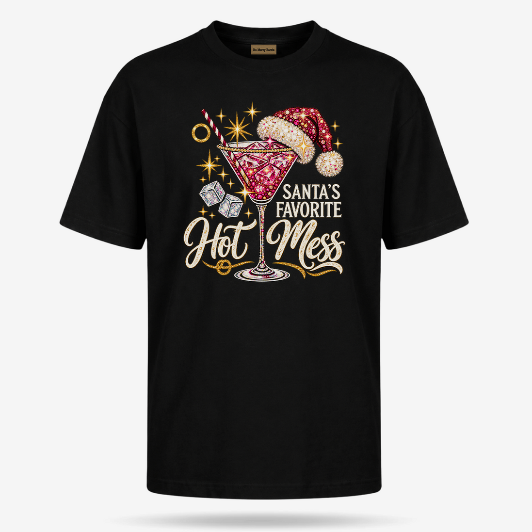 Santas Favorite Hot Mess Ruby Sparkle T Shirt Black — product mockup