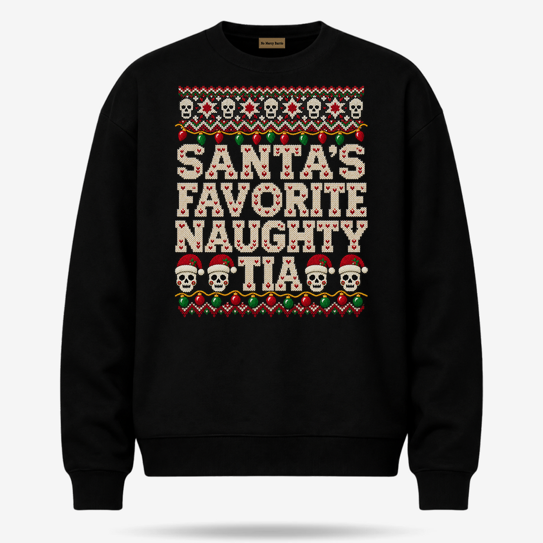 Santas Favorite Naughty Tia Besos Knit Sweater Black — product mockup