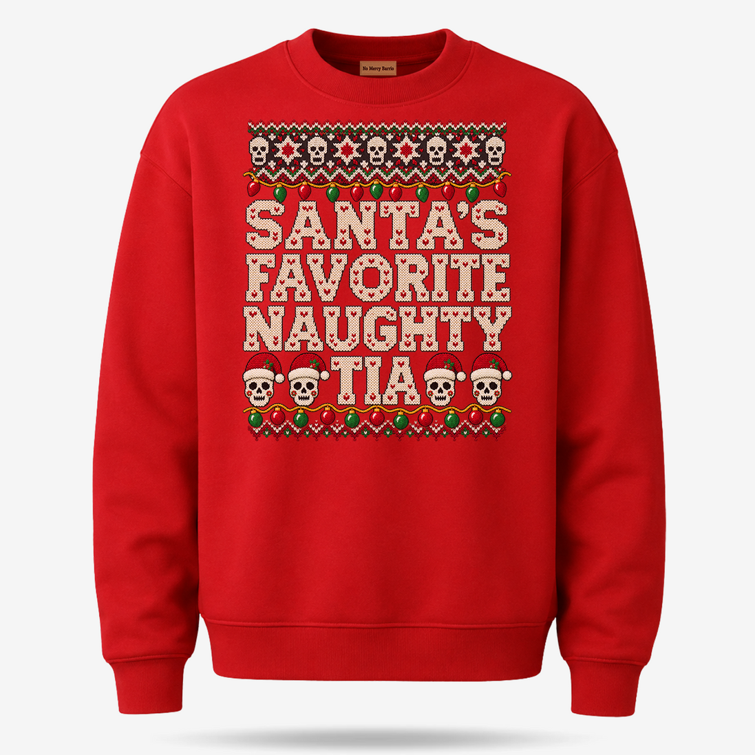 Santas Favorite Naughty Tia Besos Knit Sweater Red — product mockup