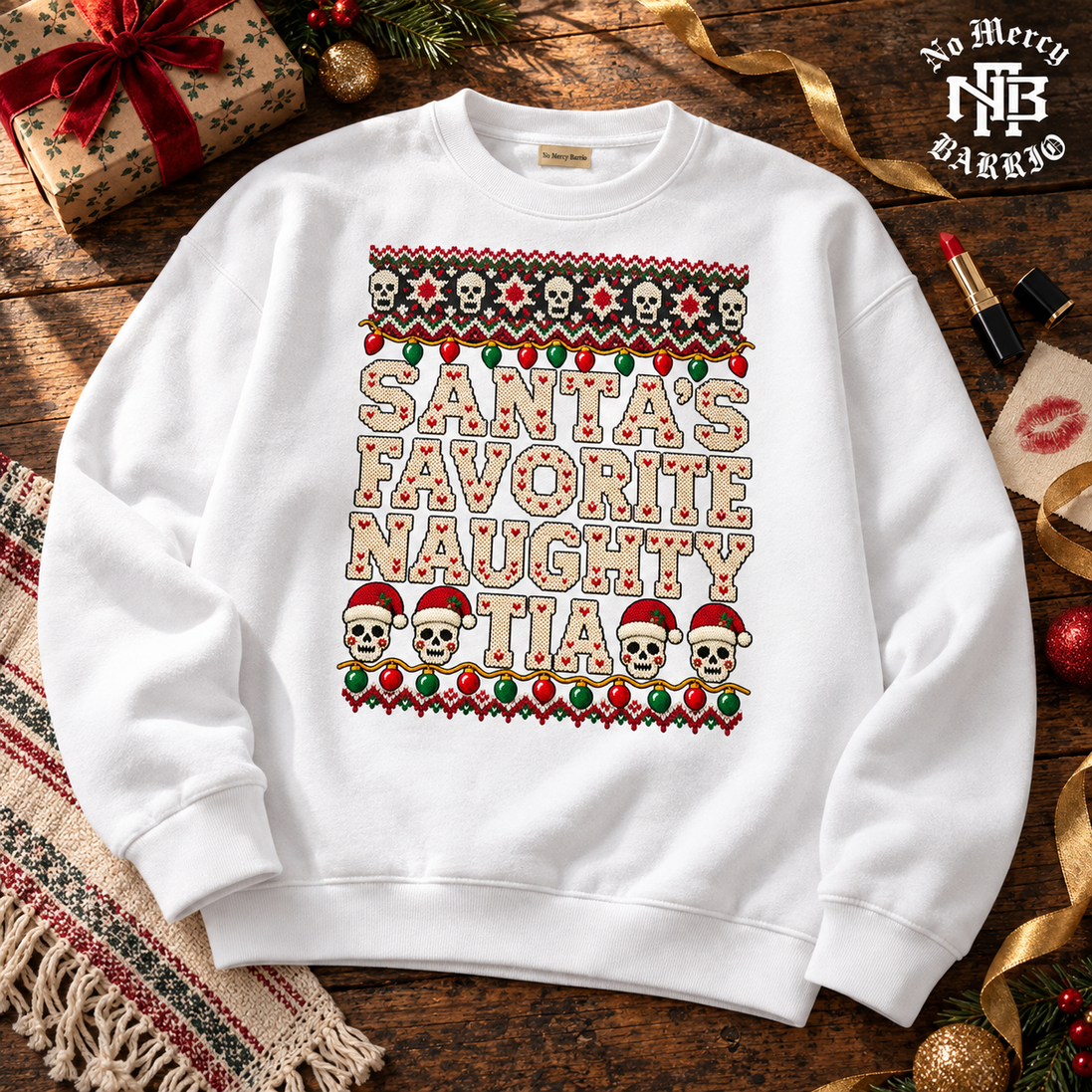 Santas Favorite Naughty Tia Besos Knit Sweater White — Flatlay creative