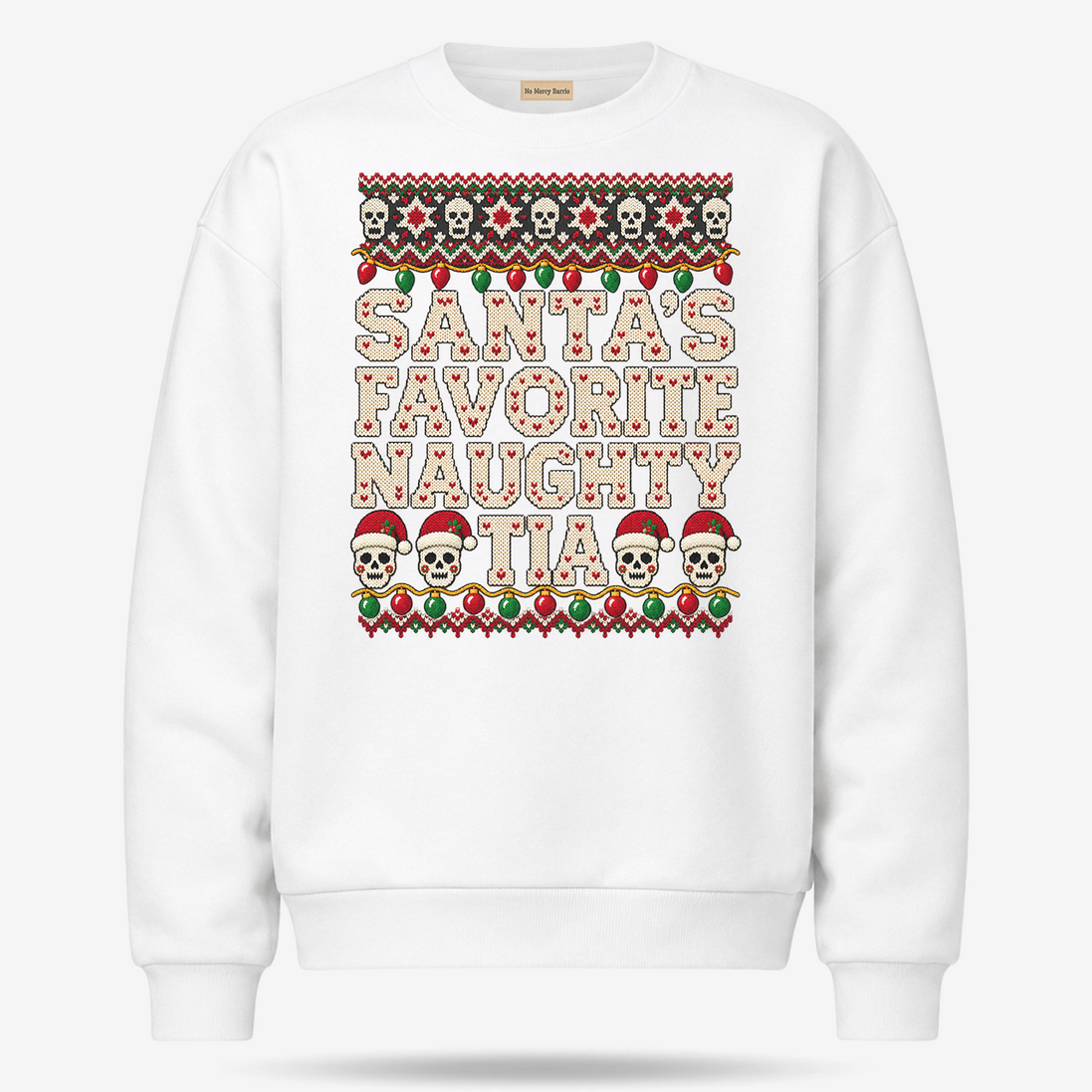 Santas Favorite Naughty Tia Besos Knit Sweater White — product mockup