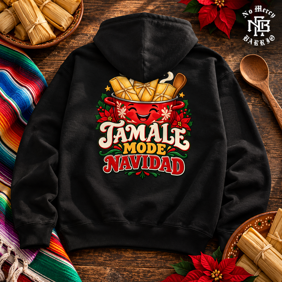Tamale Mode Navidad Hoodie Black — Flatlay creative
